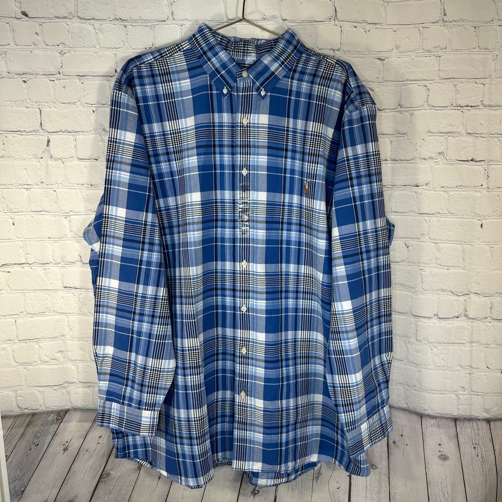 Polo Ralph Lauren Mens 2XLT Blue White Plaid Long Sleeve Button Down Shirt